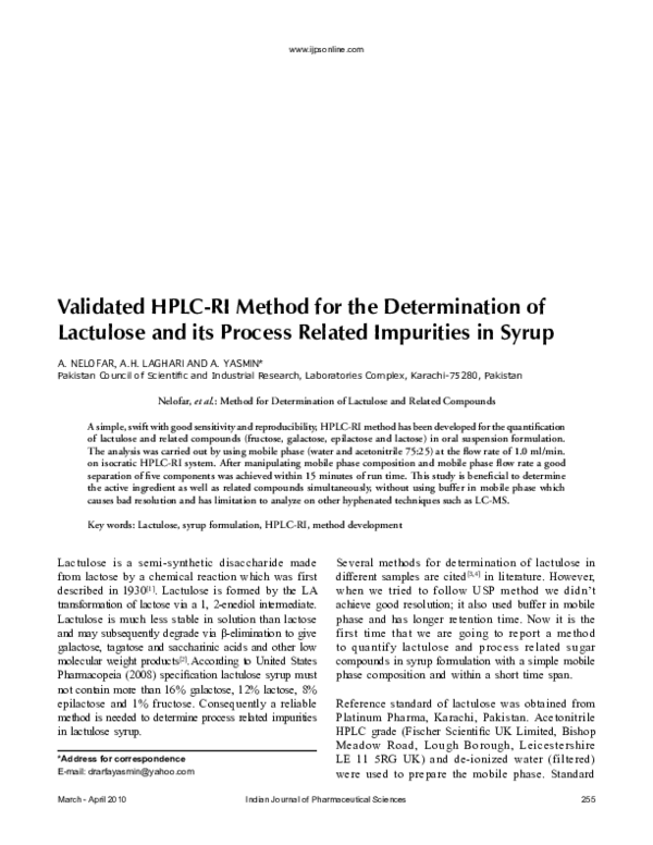 (PDF) Validated HPLC-RI Method for the Determination of Lactulose and ...