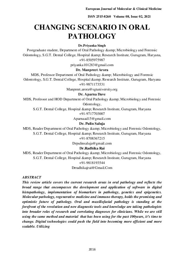 (PDF) Changing Scenario in Oral Pathology