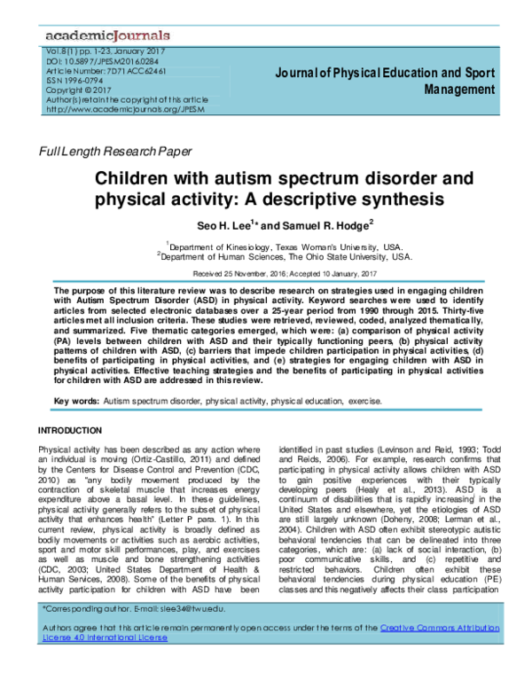 (PDF) Children with autism spectrum disorder and physical activity: A ...