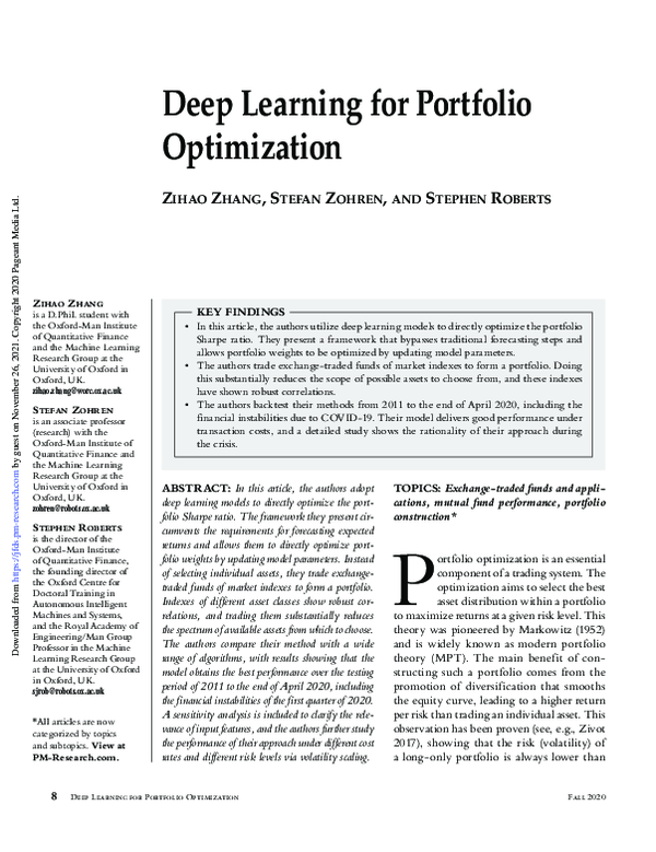 (PDF) Deep Learning for Portfolio Optimization