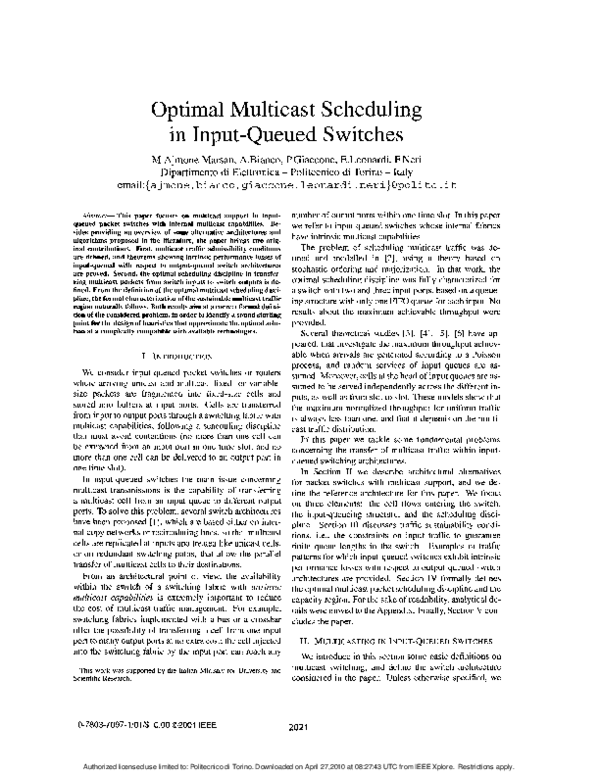 (PDF) Optimal multicast scheduling in input-queued switches