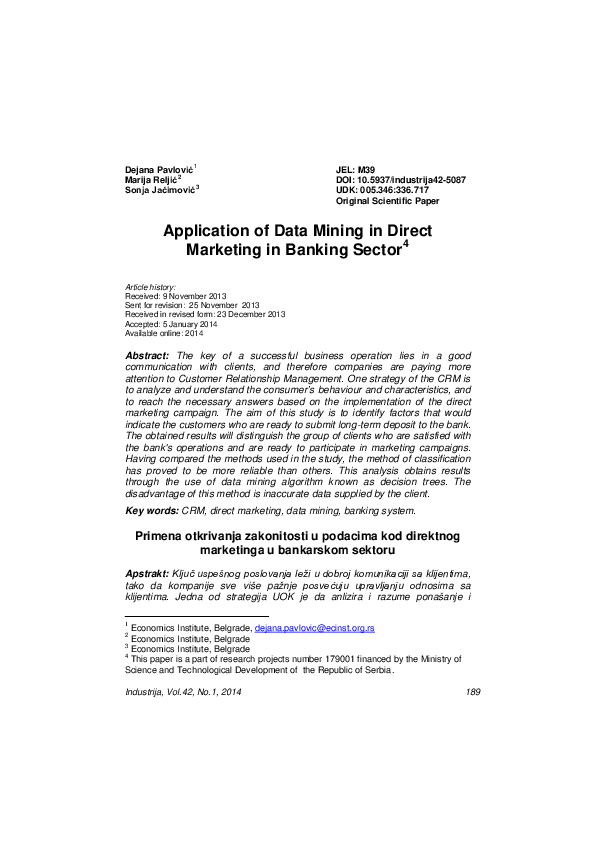(PDF) Application of data mining in direct marketing in banking sector