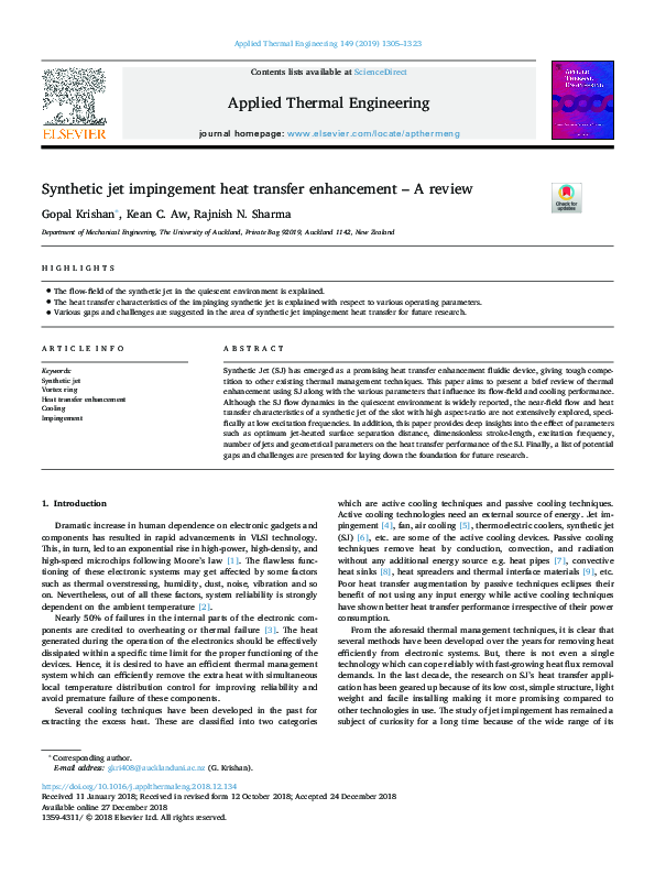 (PDF) Synthetic jet impingement heat transfer enhancement – A review