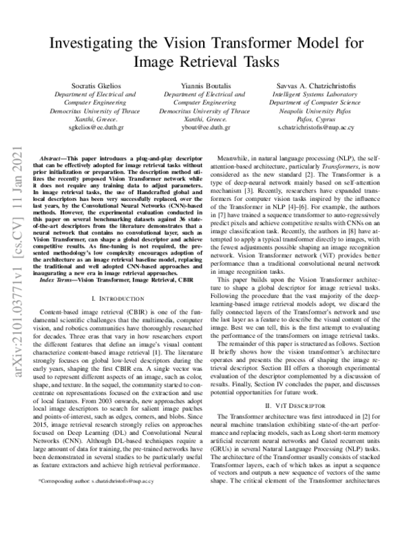 (PDF) Investigating the Vision Transformer Model for Image Retrieval Tasks