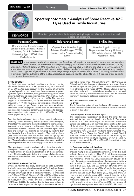 (PDF) Spectrophotometric Analysis of Some Reactive Azo Dyes Used in ...