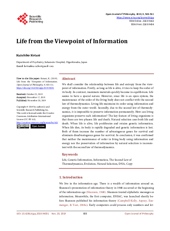 (PDF) Life from the Viewpoint of Information