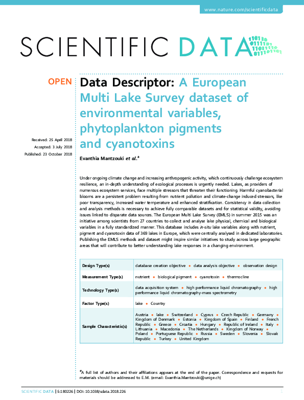 (PDF) A European Multi Lake Survey dataset of environmental variables ...
