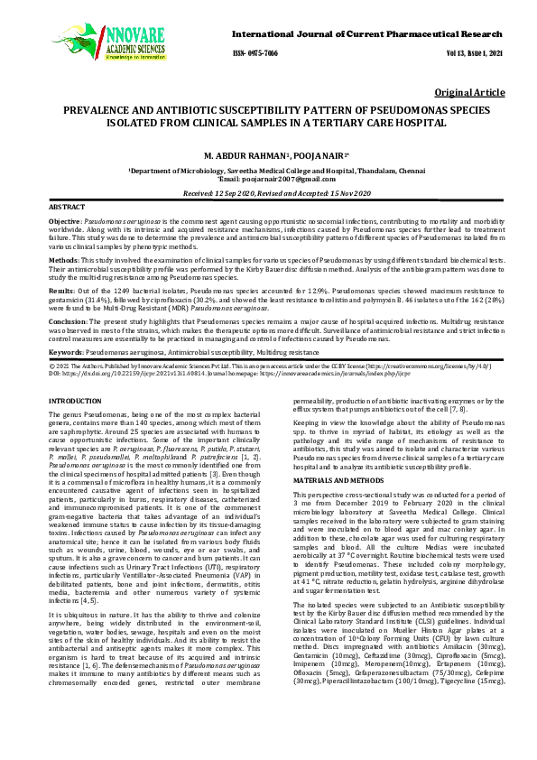 (PDF) Prevalence and Antibiotic Susceptibility Pattern of Pseudomonas ...