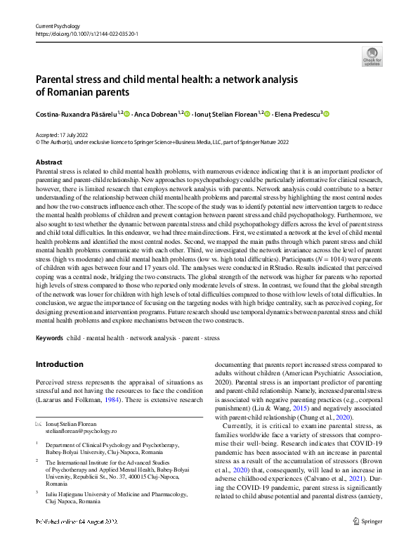 (PDF) Parental stress and child mental health: a network analysis of ...
