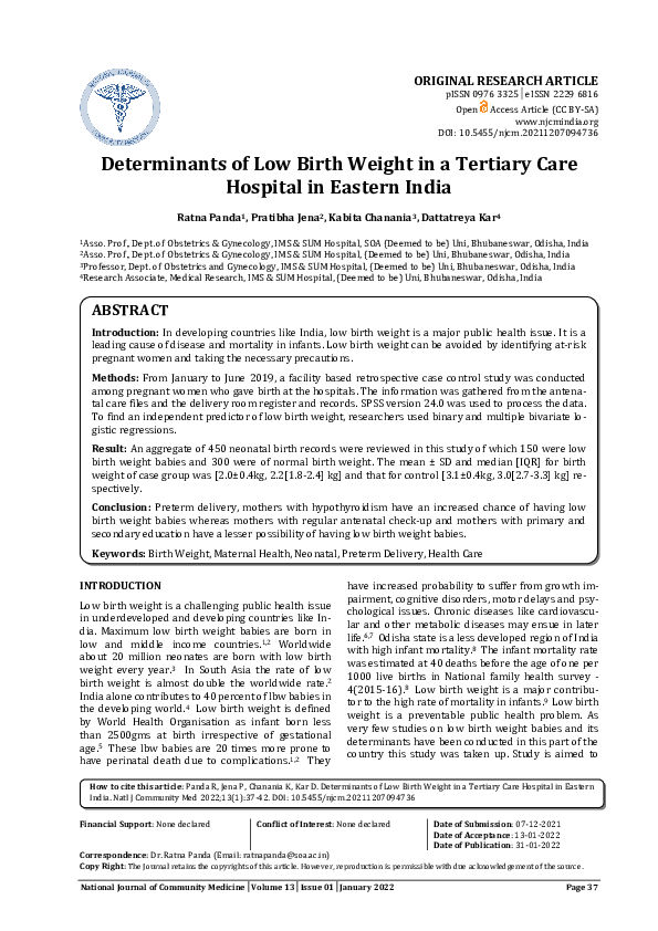 (PDF) Determinants of Low Birth Weight in a Tertiary Care Hospital in ...
