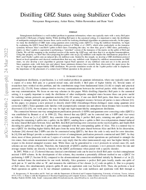 (PDF) Distilling GHZ States using Stabilizer Codes