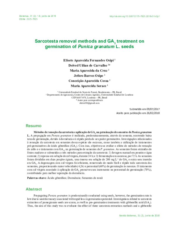 (PDF) Sarcotesta removal methods and GA3 treatment on germination of ...