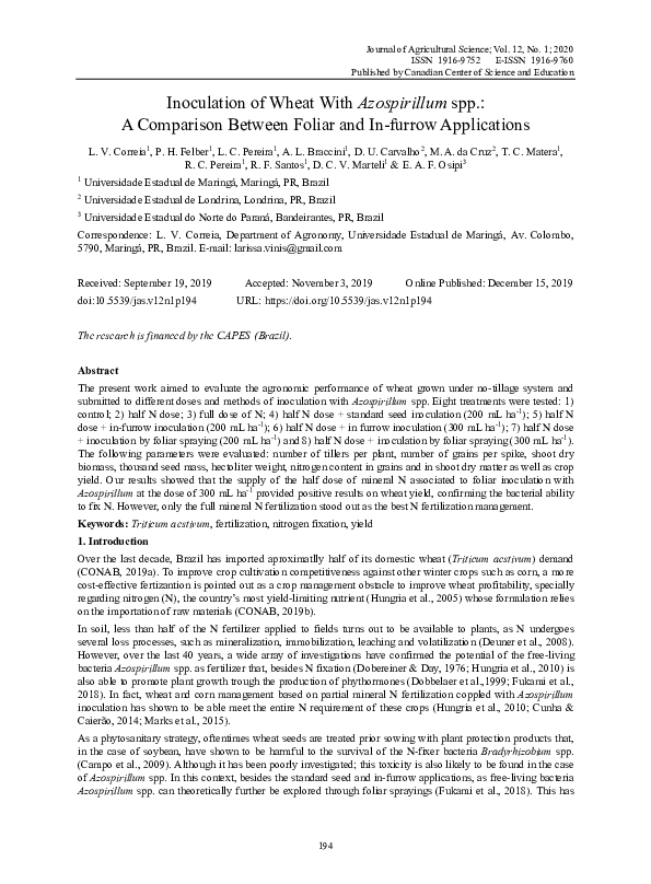 (PDF) Inoculation of Wheat With Azospirillum spp.: A Comparison Between ...