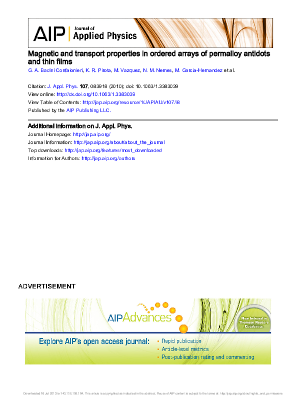(PDF) Magnetic and transport properties in ordered arrays of permalloy ...