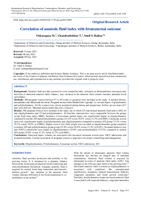 (PDF) Correlation of amniotic fluid index with fetomaternal outcome