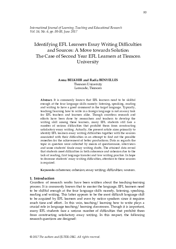 (PDF) Identifying EFL Learners Essay Writing Difficulties and Sources ...