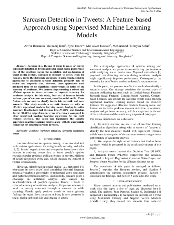 (PDF) Sarcasm Detection in Tweets: A Feature-based Approach using ...