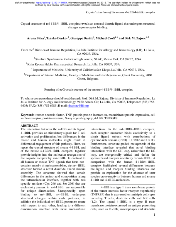 (PDF) Crystal structure of m4-1BB/4-1BBL complex reveals an unusual ...
