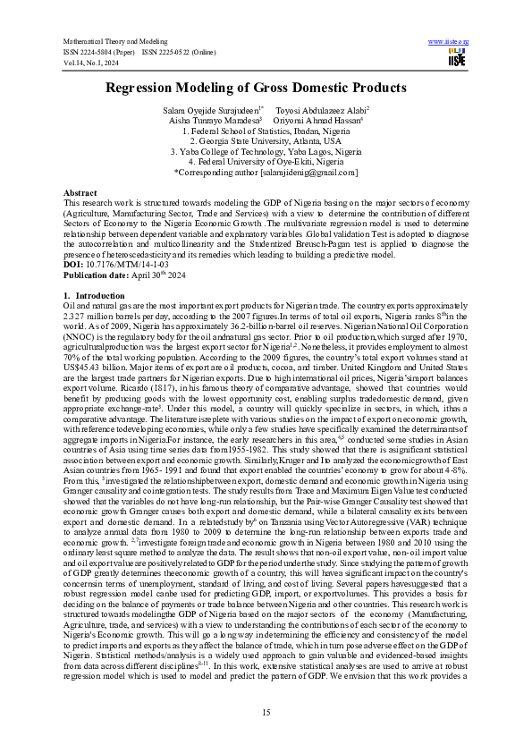 (PDF) Regression Modeling of Gross Domestic Products