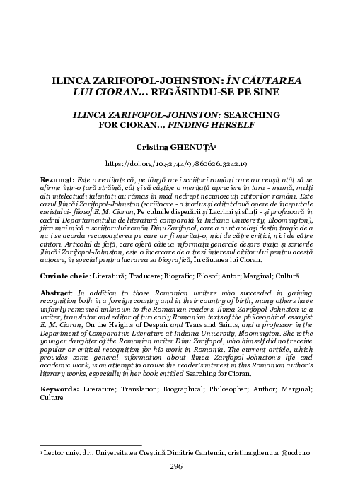 (PDF) Ilinca Zarifopol-Johnston: În Căutarea Lui Cioran... Regăsindu-Se ...