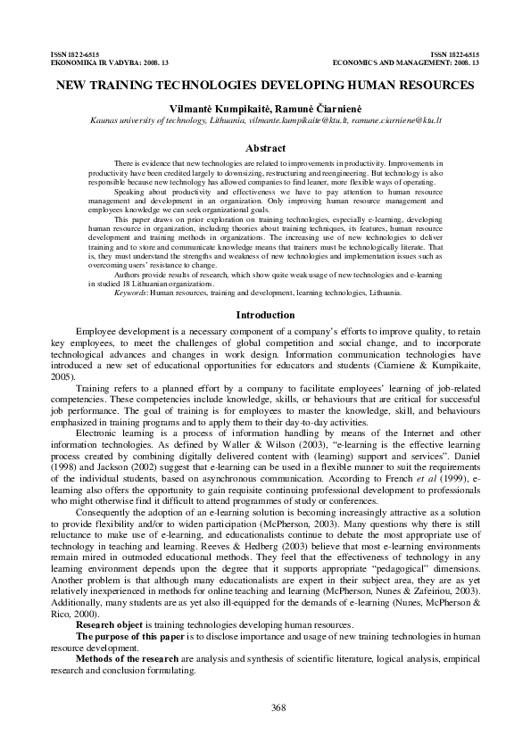 (PDF) New training technologies developing human resources