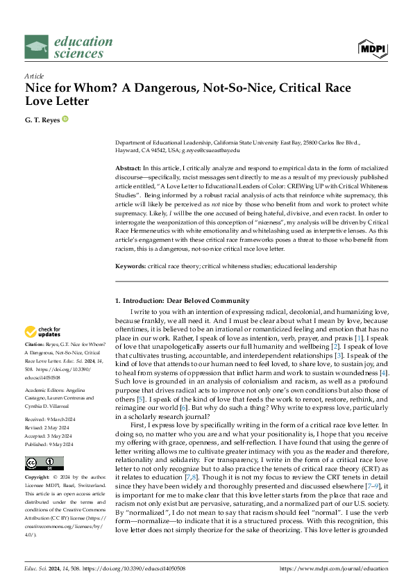 (PDF) Nice for Whom? A Dangerous, Not-So-Nice, Critical Race Love Letter