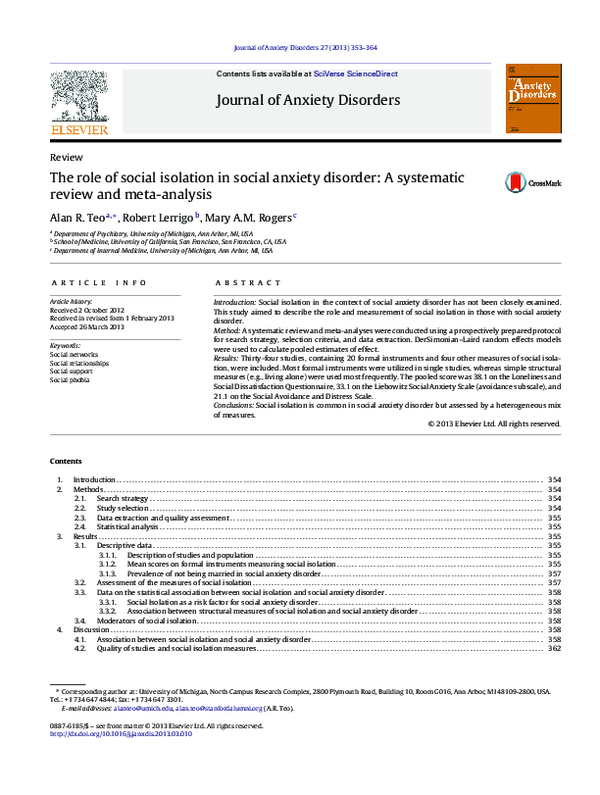 (PDF) The role of social isolation in social anxiety disorder: A ...