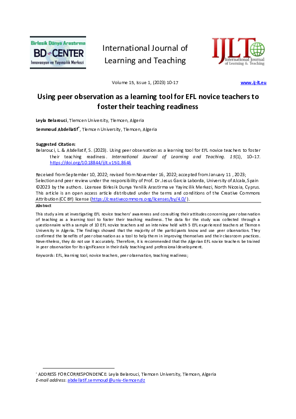 (PDF) Using peer observation as a learning tool for EFL novice teachers ...