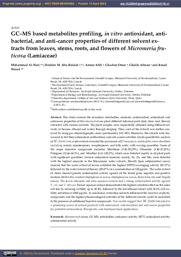 (PDF) GC–MS Based Metabolites Profiling, In Vitro Antioxidant ...