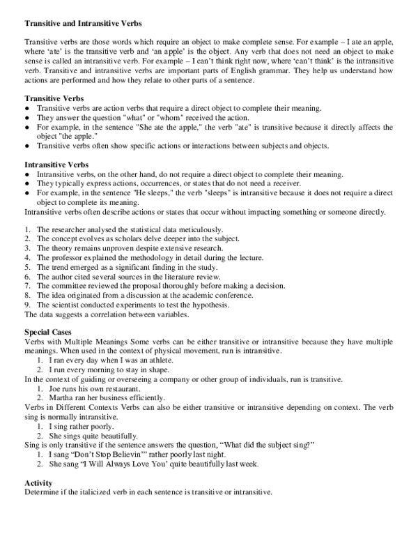 (PDF) Transitive and Intransitive Verbs