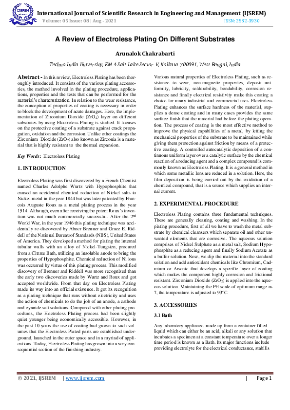 (PDF) A Review of Electroless Plating On Different Substrates
