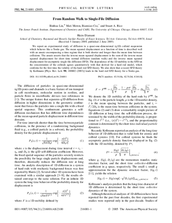 (PDF) From Random Walk to Single-File Diffusion