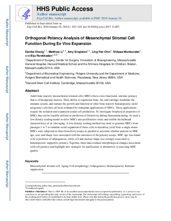 (PDF) Orthogonal potency analysis of mesenchymal stromal cell function ...