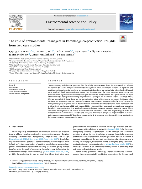 (PDF) The role of environmental managers in knowledge co-production ...