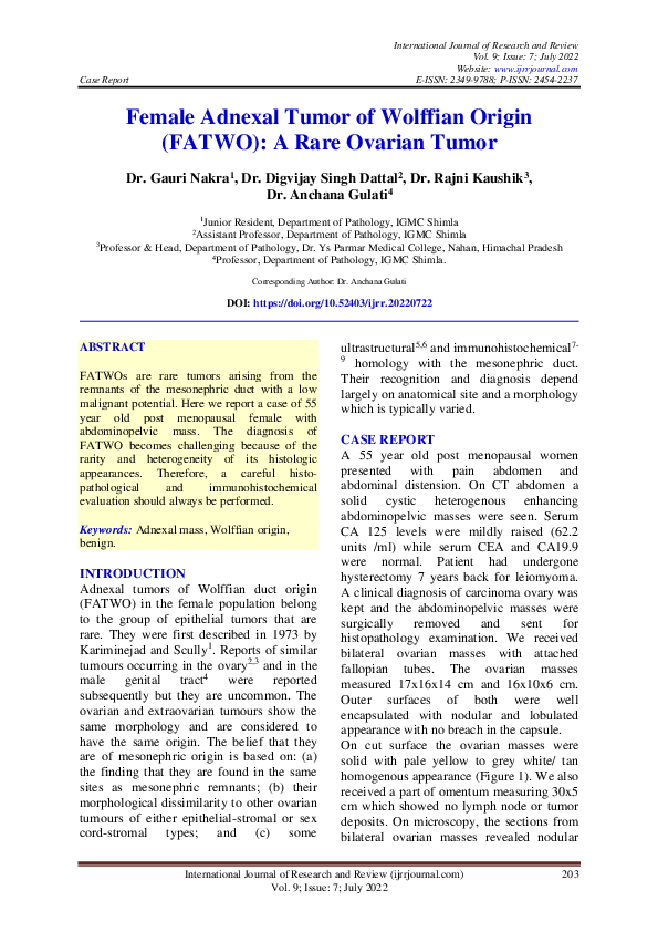 (PDF) Female Adnexal Tumor of Wolffian Origin (FATWO): A Rare Ovarian Tumor