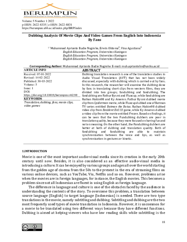 (PDF) Dubbing Analysis Of Movie Clips And Video Games From English Into ...