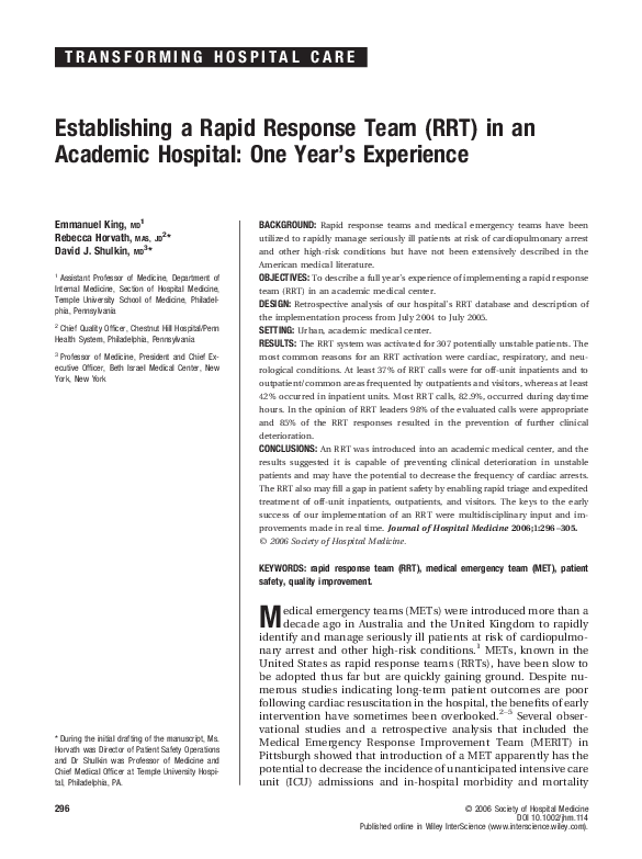 (PDF) Establishing a rapid response team (RRT) in an academic hospital ...