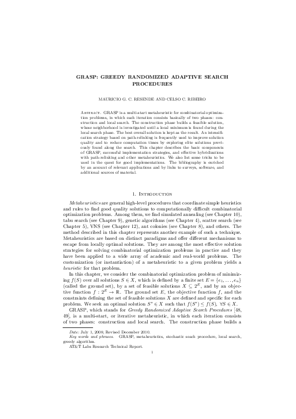 (PDF) GRASP: Greedy Randomized Adaptive Search Procedures