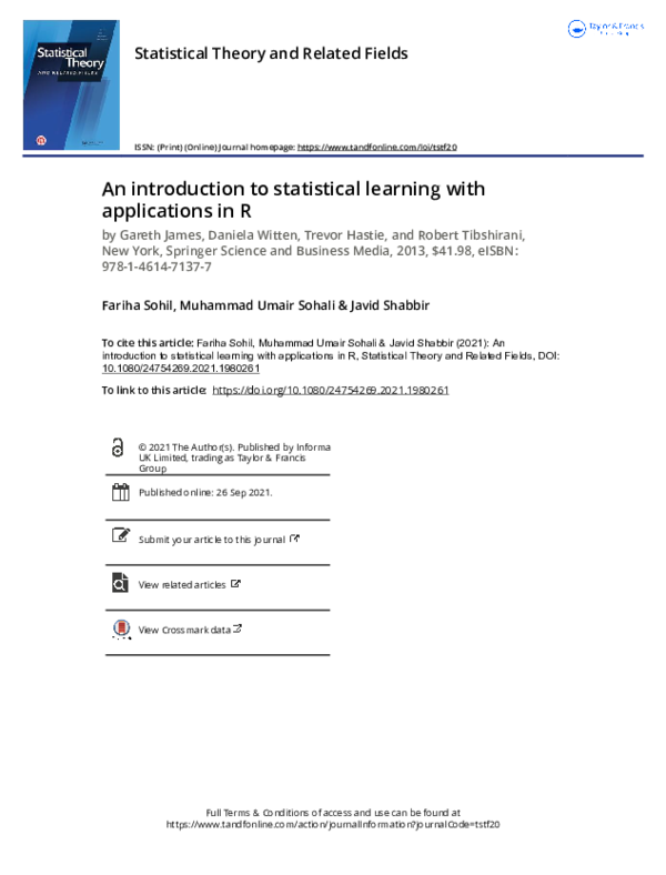 (PDF) An introduction to statistical learning with applications in R