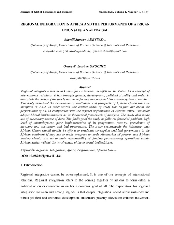 (PDF) Regional Integration in Africa and the Performance of African ...