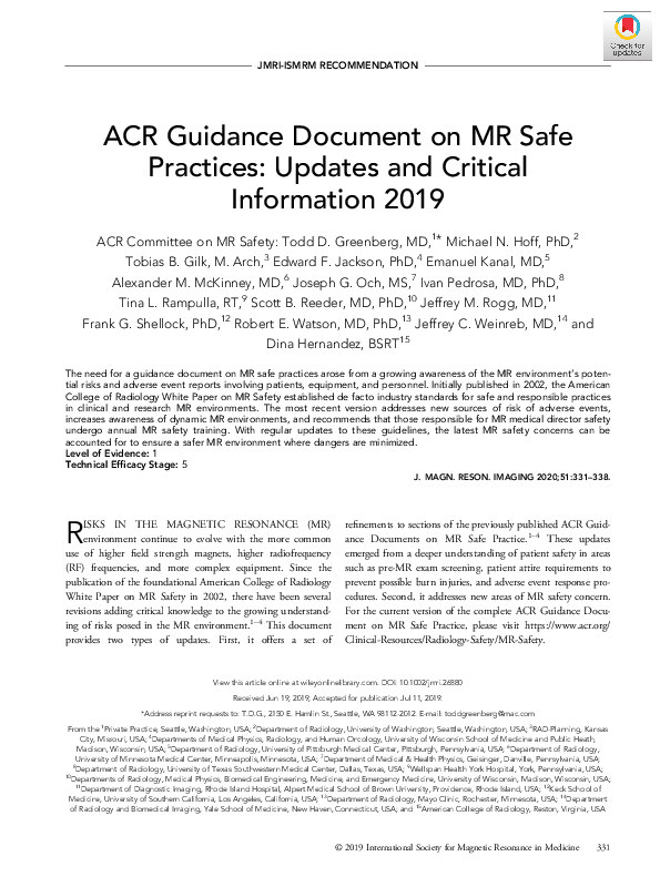 (PDF) ACR guidance document on MR safe practices: Updates and critical ...