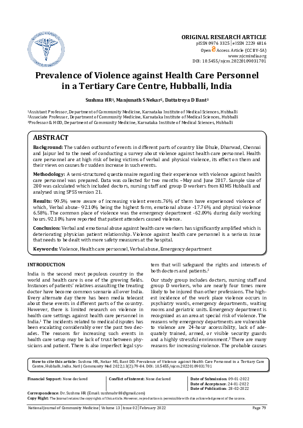 (PDF) Prevalence of Violence against Health Care Personnel in a ...