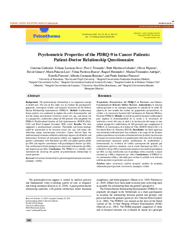 (PDF) Psychometric Properties of the PDRQ-9 in Cancer Patients: Patient ...