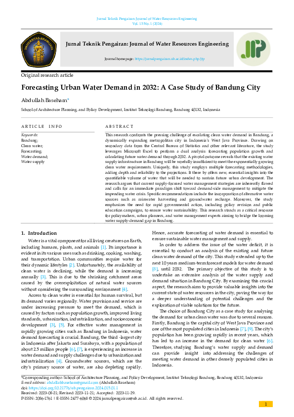 (PDF) Forecasting Urban Water Demand in 2032: A Case Study of Bandung City