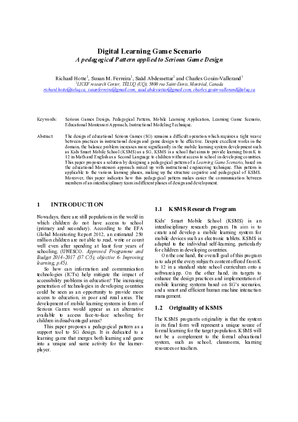 (PDF) Digital Learning Game Scenario - A Pedagogical Pattern Applied to ...