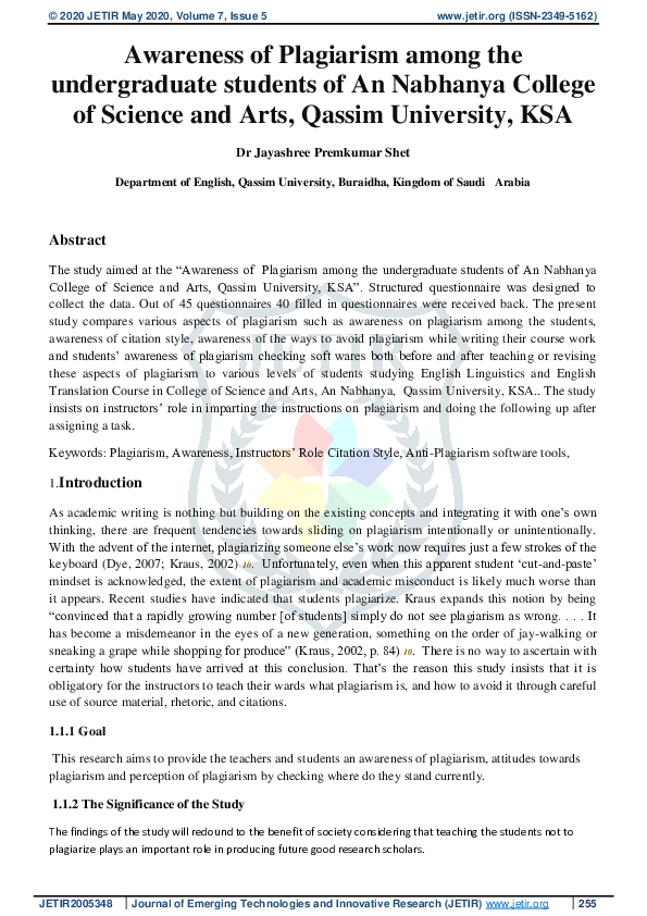 (PDF) Awareness of Plagiarism among the undergraduate students of An ...