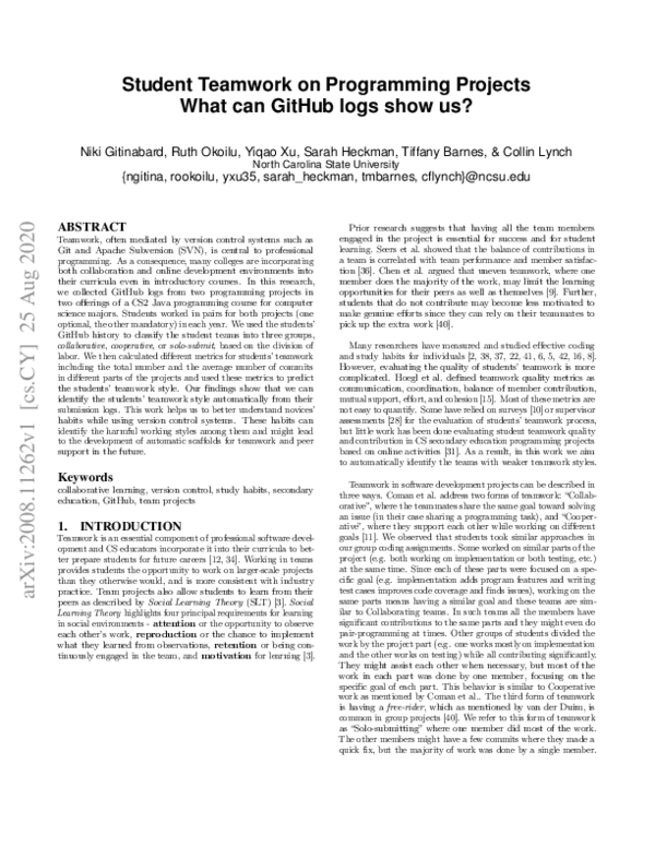 (PDF) Student Teamwork on Programming Projects: What can GitHub logs ...