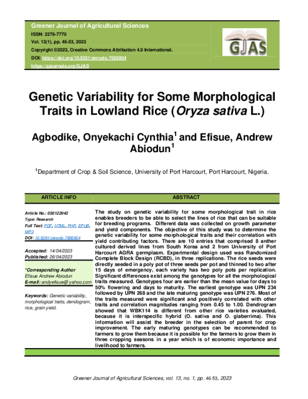 (PDF) Genetic Variability for Some Morphological Traits in Lowland Rice ...