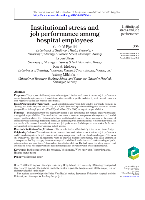(PDF) Institutional stress and job performance among hospital employees