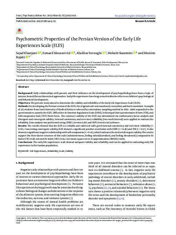 (PDF) Psychometric Properties of the Persian Version of the Early Life ...
